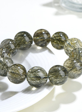 久雅水晶 天然碧玺绿发晶圆珠手链 老矿深绿色粗发晶散珠手串