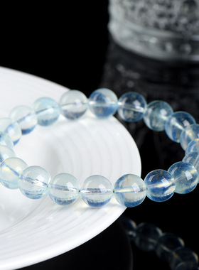 久雅水晶 天然7A级冰川海蓝宝圆珠手链 冰川励志料海蓝宝石手串