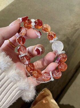 原创天然水晶白幽灵超手链时尚设计红胶花水晶手串欧美小红书抖音