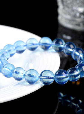 久雅水晶 天然冰种魔鬼蓝圆珠手链 冰种紫光海蓝宝散珠手串 批发