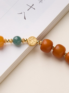 五条经扎基老蜜蜡随形淡水珍珠手项链双用款伴手礼生日礼物送女友