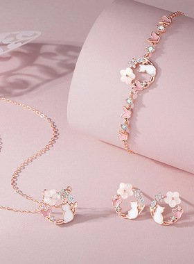 原创花环猫咪贝母手链女玫瑰金森系花朵蝴蝶手串925纯银手饰批发