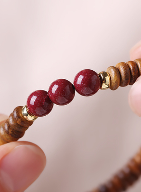 情绪稳定天然绿檀手链女三圈檀木手串朱砂转运珠佛系净心凝神文玩