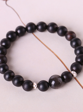 天然黑檀木文玩佛珠混搭银曜石