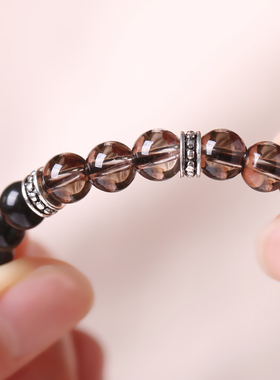天然黑曜石茶晶手链茶水晶手串双圈两圈叠戴适合夏天纯银转运珠女