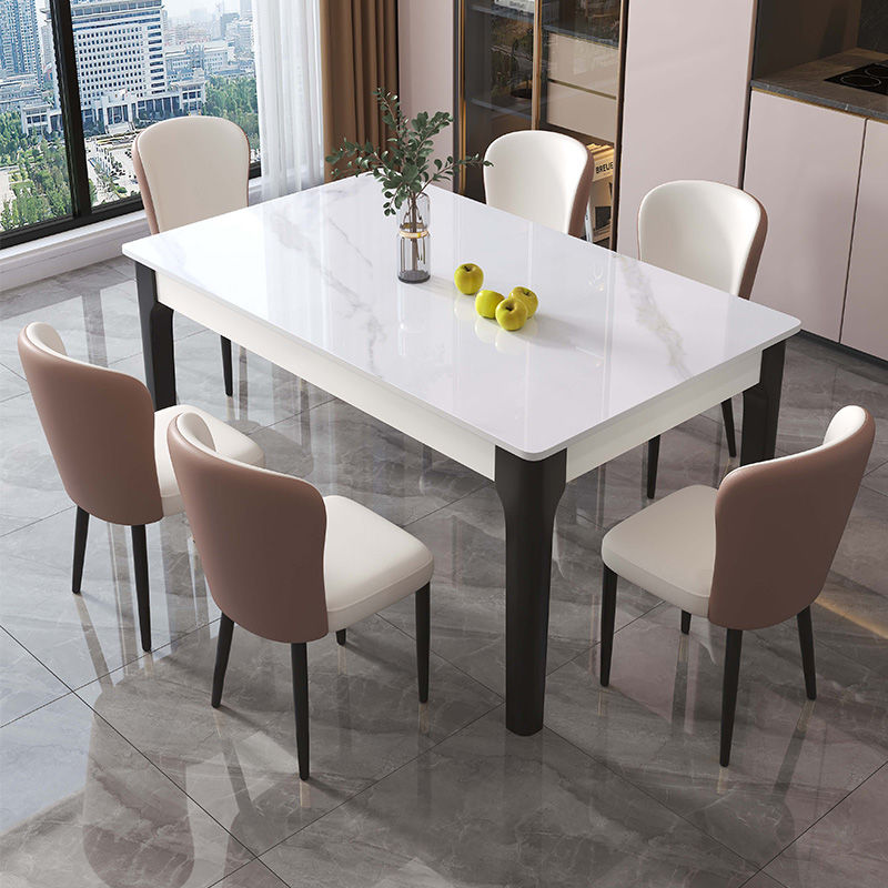 小户型加厚实木岩板餐桌椅一体组合现代简约方形客厅轻奢家用 - 图0