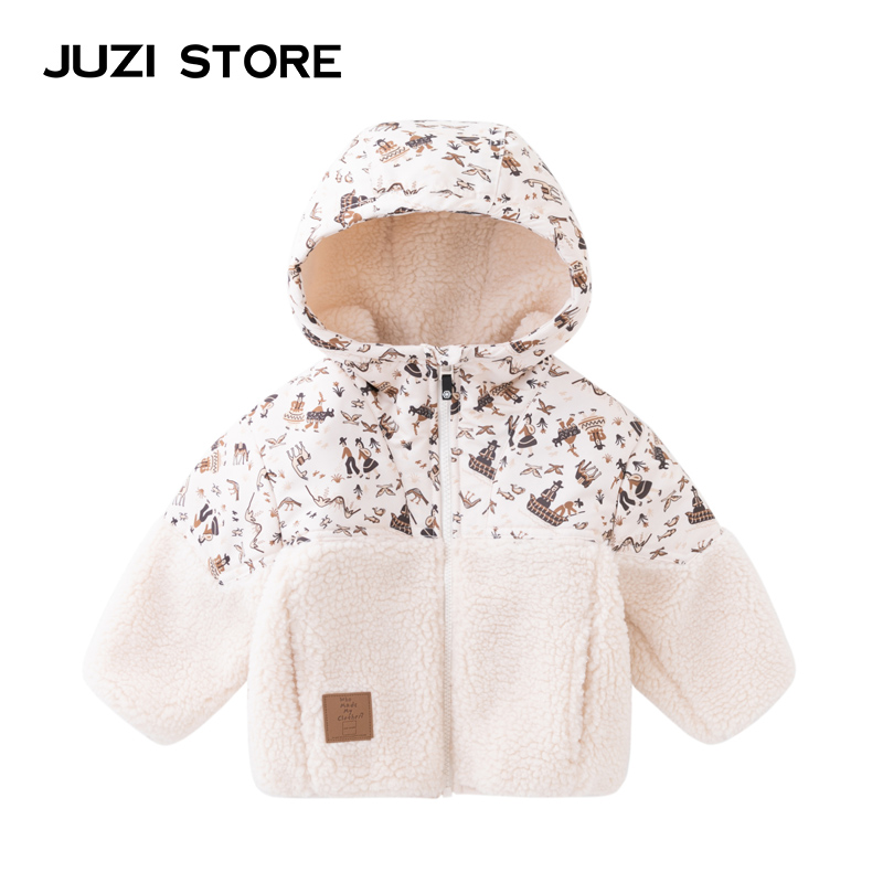 JUZI STORE童装秋冬仿羊羔绒上装加厚连帽外套中性男女童1143403-图0