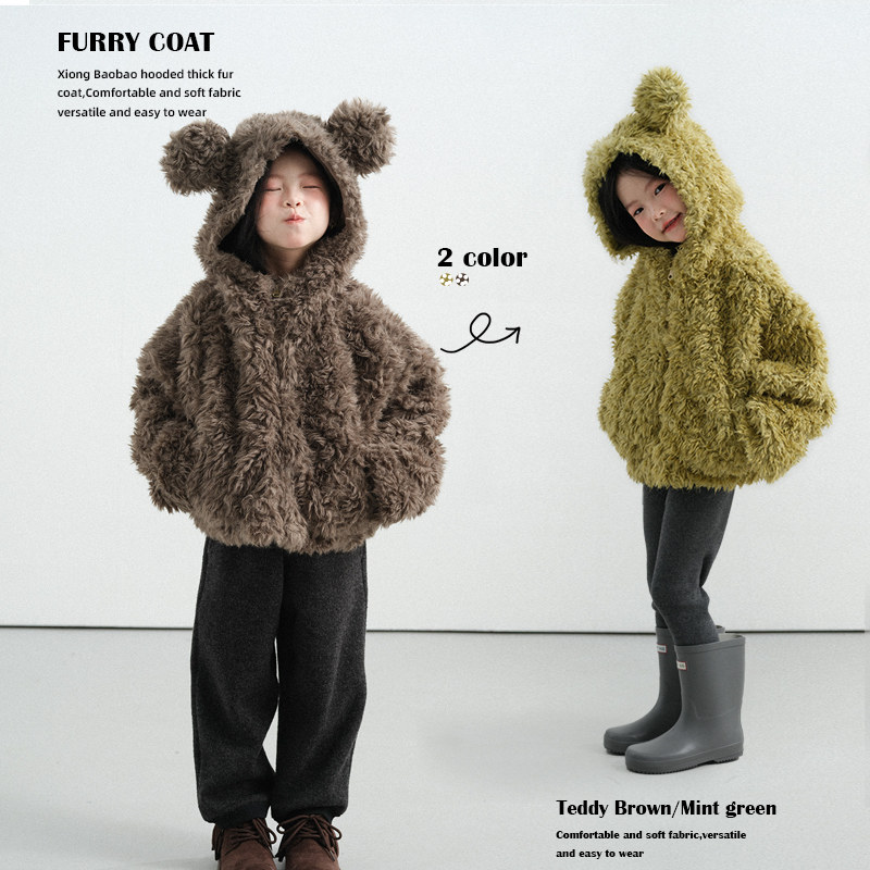 PISELLI史豌豆女童冬季2025新款连帽加厚毛毛外套中大童保暖上衣,淘宝优惠券,粉丝福利购,淘宝优惠卷