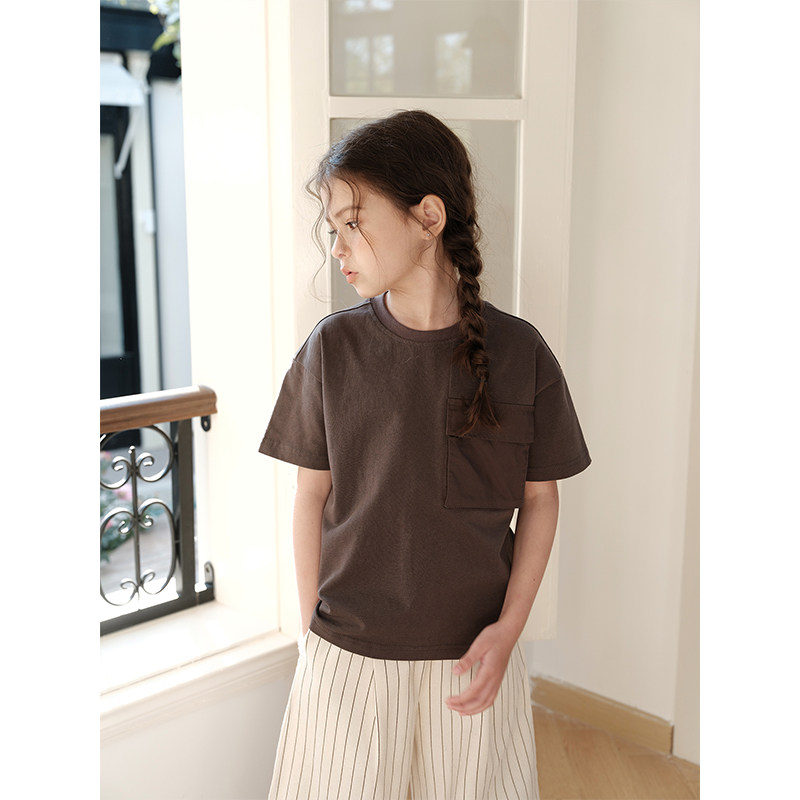 PISELLI史豌豆女童2025夏季新款口袋短袖t恤儿童纯色休闲圆领上衣,淘宝优惠券,粉丝福利购,淘宝优惠卷