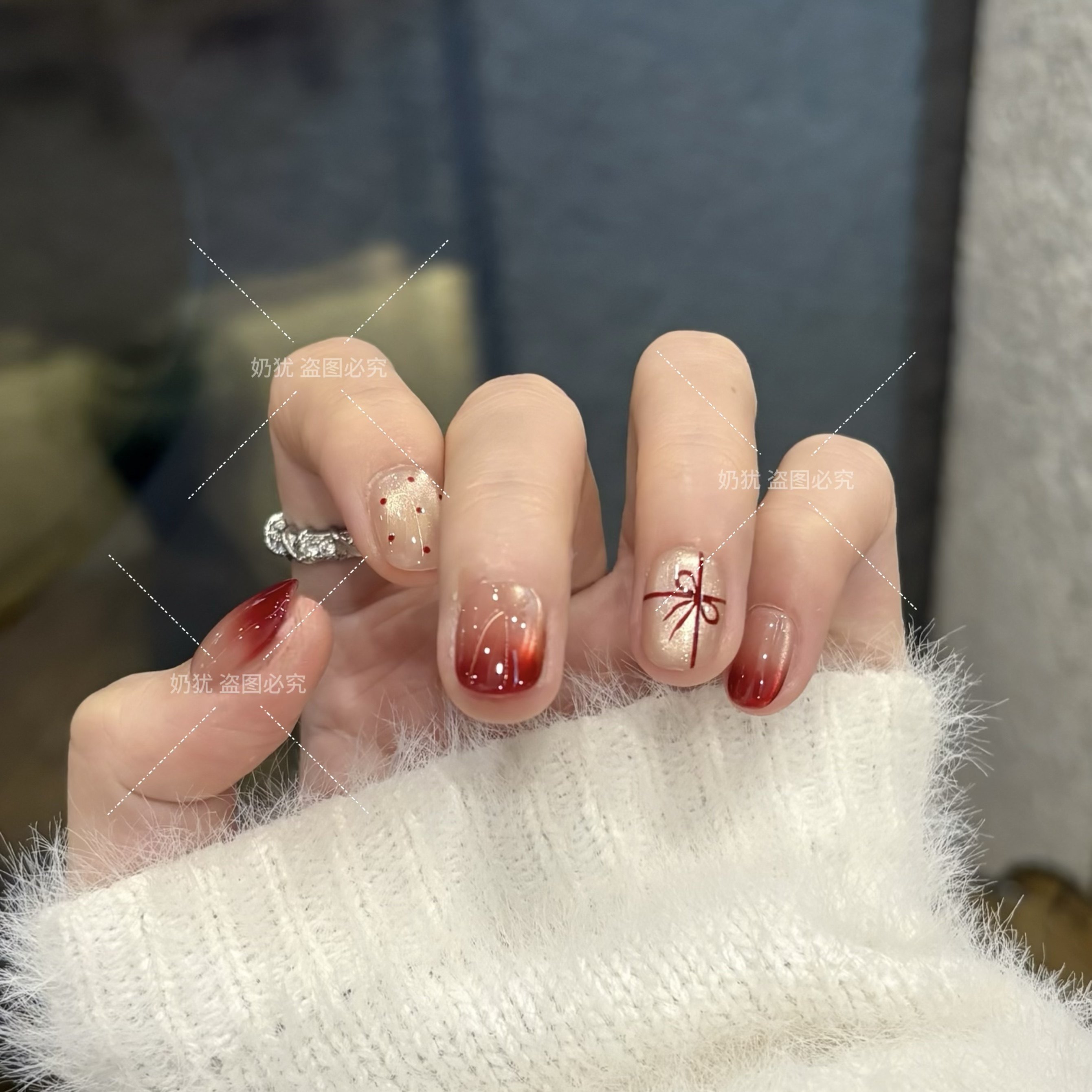 【礼颂】高品质酒红短款渐变手绘波点礼物结纯手工穿戴甲美甲,淘宝优惠券,粉丝福利购,淘宝优惠卷