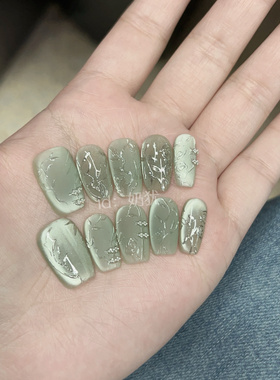 【A若芙】高品质纯手工新中式国风翡翠绿猫眼穿戴甲显白美甲贴片