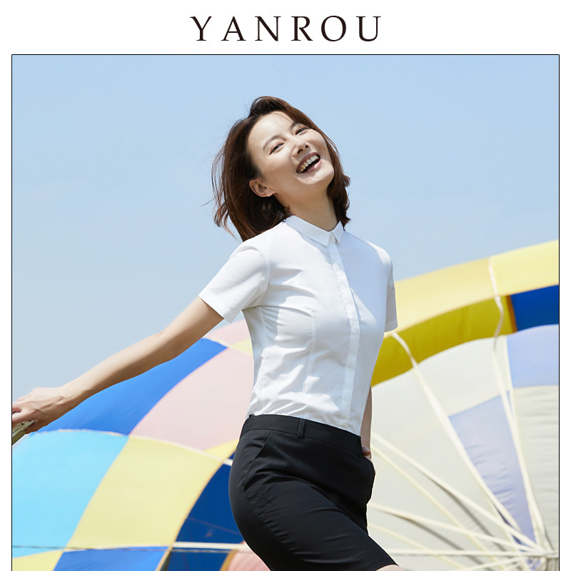 小领白衬衫女短袖2020新款棉工作服 言柔衬衫