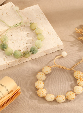 山茶花系列天然炭烧菩提根手串新中式古风渐变学生玫瑰花雕刻手链