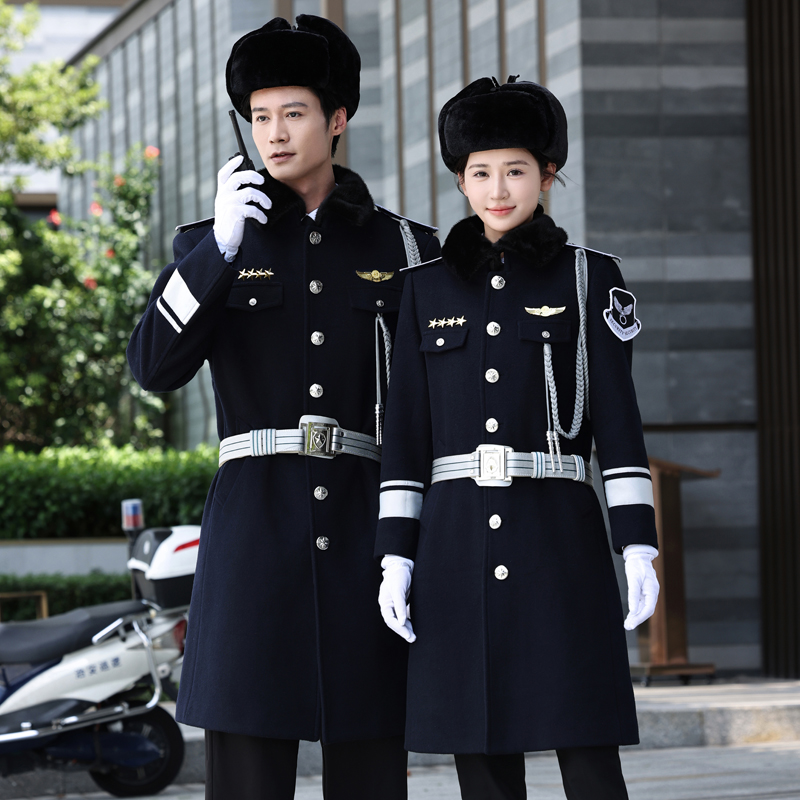 2024新款保安工作服毛呢大衣男女冬季物业形象岗礼宾加棉加长大衣 - 图2