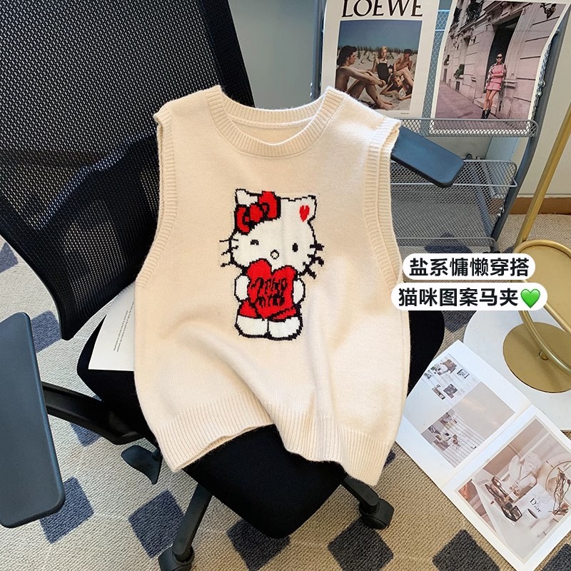 现货~韩国东大门2024秋款女Hello Kitty猫咪图案软糯针织毛衣马甲