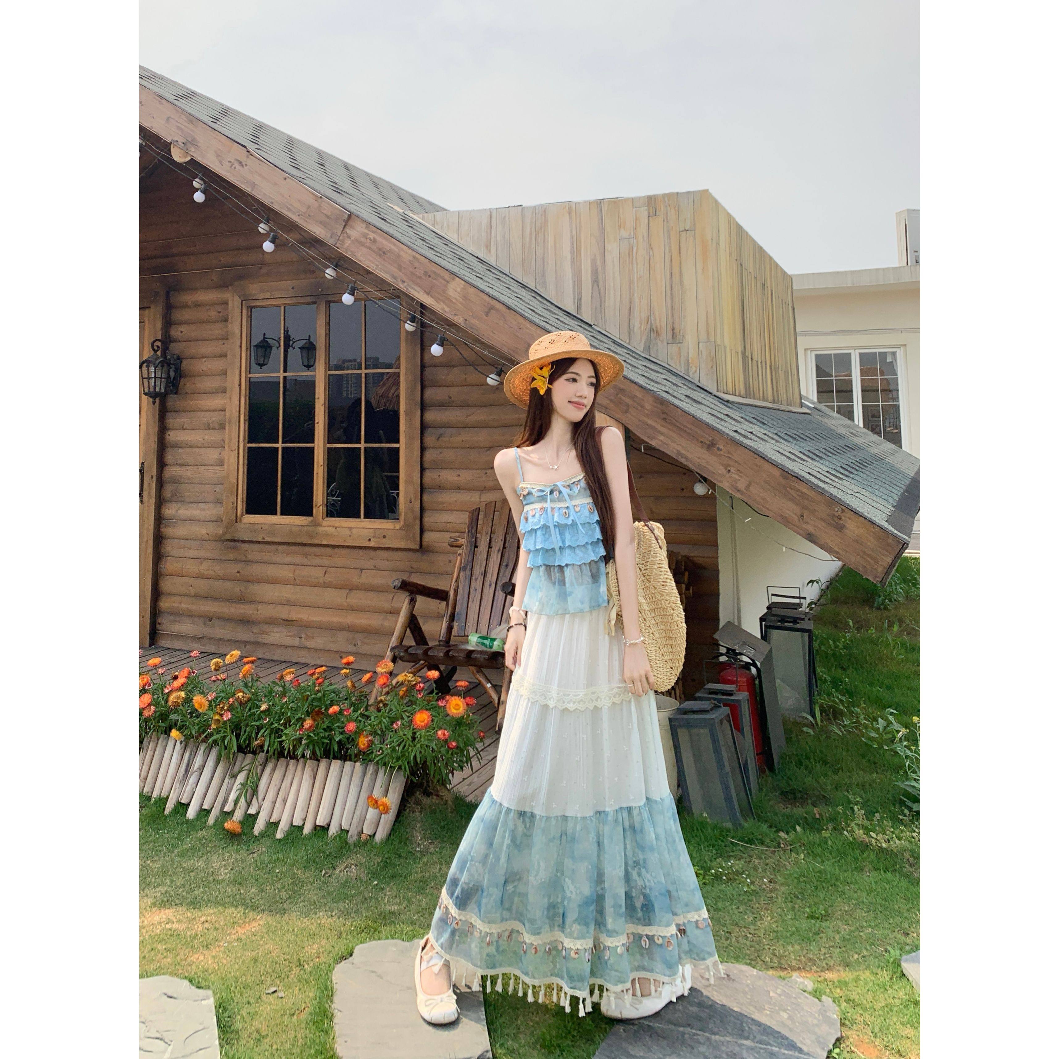 波西米亚民族风蕾丝蝴蝶结系带吊带上衣+晕染拼色花边半身裙仙,淘宝优惠券,粉丝福利购,淘宝优惠卷