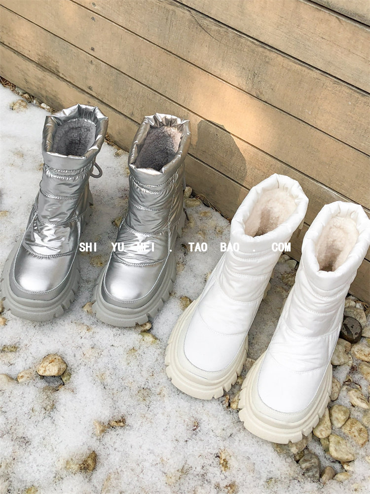 饰与美韩国东大门冬季新款圆头厚底雨伞布防水加绒保暖银色雪地靴,淘宝优惠券,粉丝福利购,淘宝优惠卷