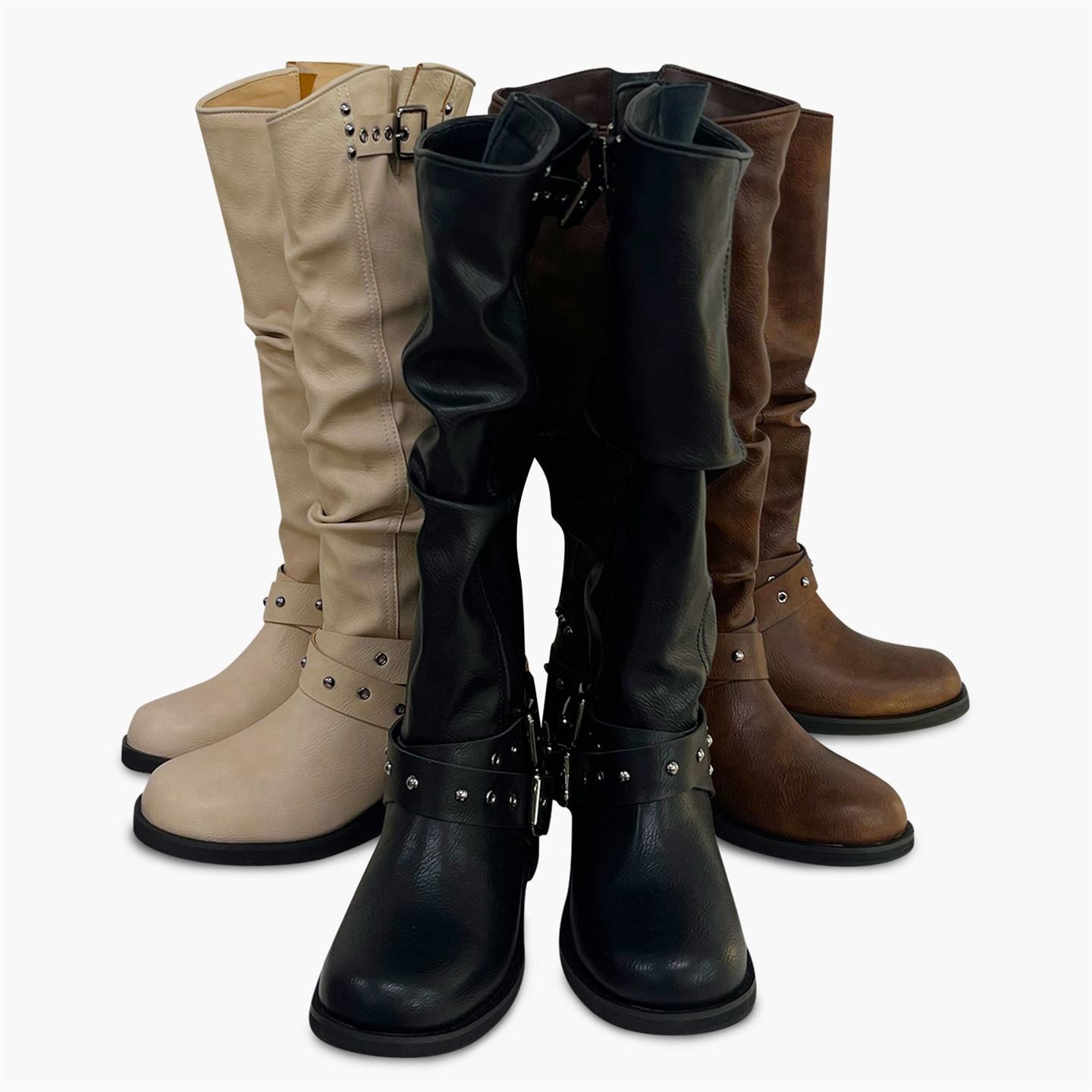 韩国东大门新款设计师款套筒复古铆钉皮带扣褶皱堆堆靴骑士长靴女,淘宝优惠券,粉丝福利购,淘宝优惠卷