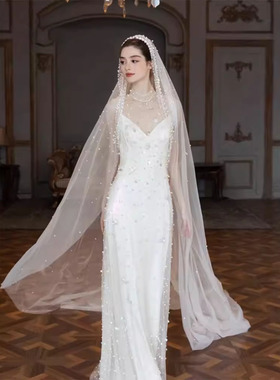 新娘头纱珍珠头饰长款拖尾主婚纱礼服配饰复古宫廷风结婚拍照道具