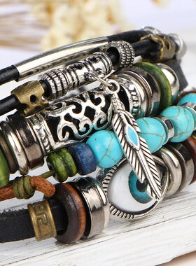 bracelet women hand catenary men皮绳蓝眼睛多层情侣女手链手环