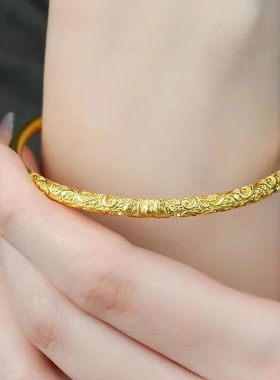 深圳水贝古法卷草纹黄金手镯足金999实心镯子国潮复古送女友爱人