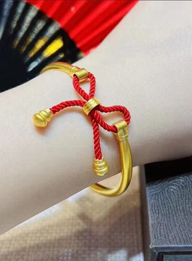 深圳水贝古法黄金手镯足金999蝴蝶结红绳镯子纯金宝宝周岁礼物