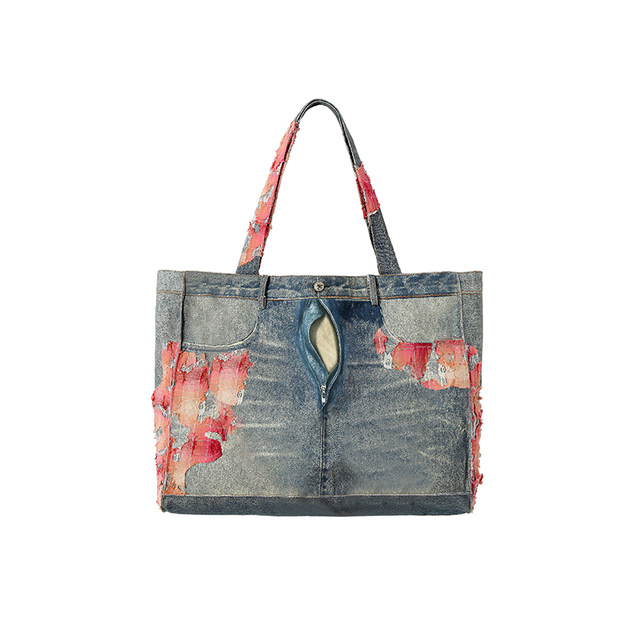 YADcrew sunset lace digital 3D printed simulated denim fun placket open stitching large tote bag