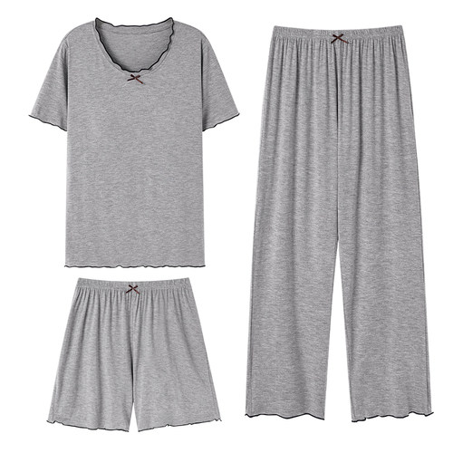 莫代尔睡衣女夏季带胸垫短袖短裤长裤套装宽松简约纯色家居服薄款 - 图3