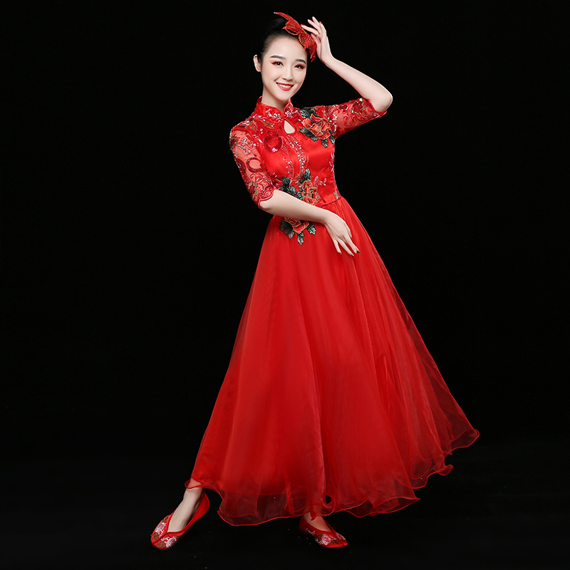 新款大合唱演出服女长裙中国风开场舞大摆裙现代舞蹈服装大人 2018 新款大合唱演出服女长裙中国风开场舞大摆裙现代舞蹈服装大人 2018