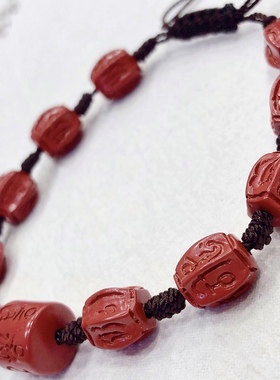 S279# 原矿朱砂回纹鼓珠手链8.8*9mm 配回纹桶珠10*10mm