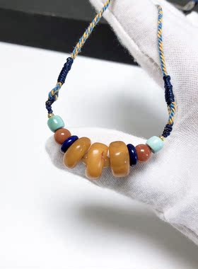 D418#天然原矿老蜜蜡饼子锁骨链 11-12.5mm 配青金石 南红 绿松石