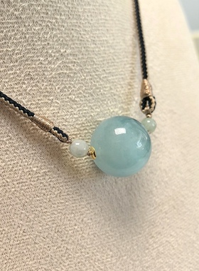 D1009# 天然海蓝宝滚运珠吊坠锁骨链19mm 配天然翡翠圆珠