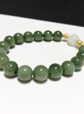 S850# 天然和田玉碧玉猫眼手链 配白玉顶珠 9.5mm 总重25.31克