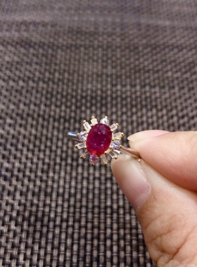 G3# 高级珠宝天然鸽血红宝石戒指S925通体纯银镀真金镶嵌莫桑石