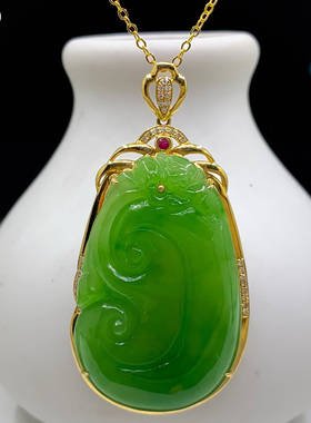 定制款18k金天然和田碧玉佛公项链坠金镶玉葫芦吊坠挂件礼物