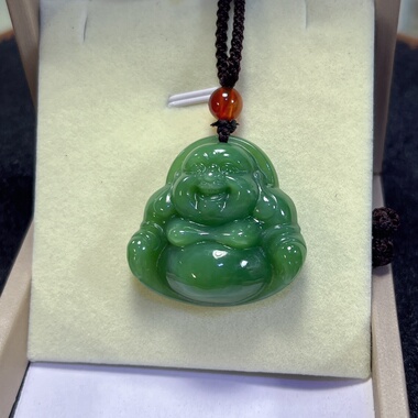 天然和田碧玉佛公吊坠挂件32mm菠菜绿带点猫眼笑佛玉佩玉坠礼物