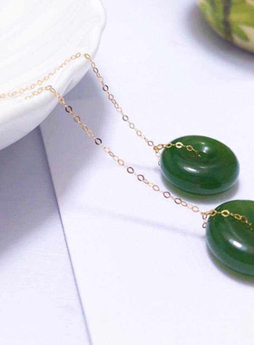 18k金天然碧玉平安扣耳环项坠