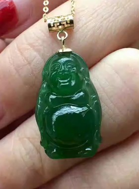 和田菠菜绿平安佛项链坠金镶玉