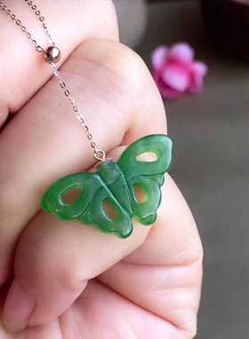 蝴蝶推拉项链18k金和田碧玉