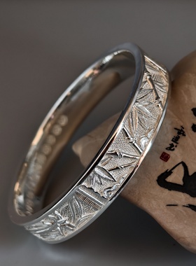 【足银9999】手工錾刻实心平条浮雕梅兰竹菊手镯纯银手镯