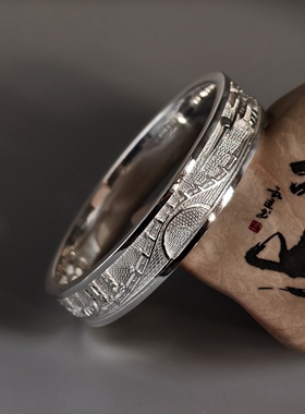 【足银9999】百年久诚手工錾刻高工浮雕江褚渔樵足银手镯