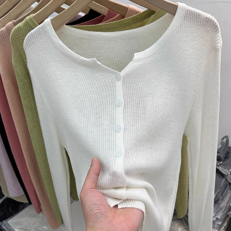 薄款软糯长袖坑条针织衫开衫女2025春秋装新款外搭防晒衣纯色上衣 - 图0