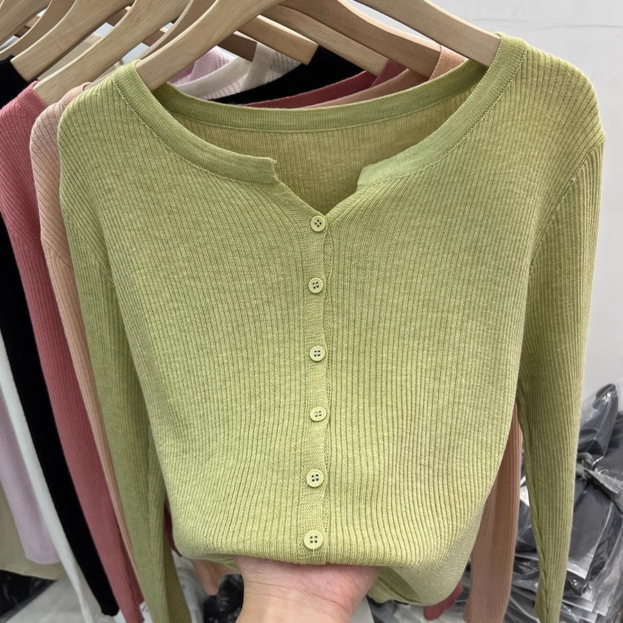 薄款软糯长袖坑条针织衫开衫女2025春秋装新款外搭防晒衣纯色上衣 - 图2