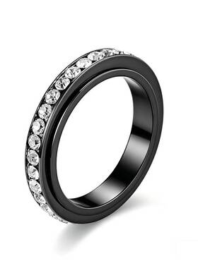 跨境热卖 单排满钻 转动钛钢戒指女气质潮不锈钢情侣镶钻戒指批发