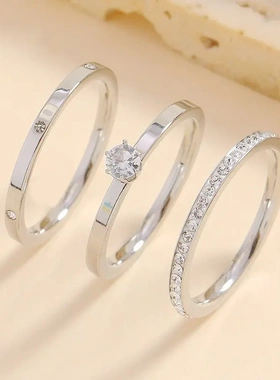爆款套装镶钻钛钢戒指高级小众百搭情侣指环轻奢钻戒饰品
