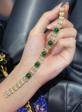 Hui zhanxi 培育祖母绿k黄糖塔满镶满钻手链s925银镀金