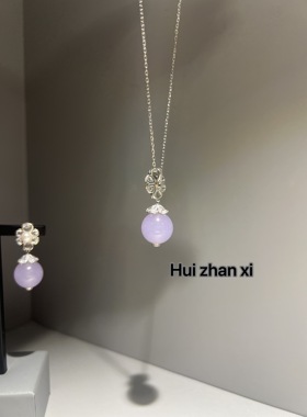 Hui zhan xi天然紫玉髓甜美花朵扣项链耳坠套装