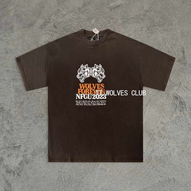 TT Wolves exclusive! Wolf head retro sand washing, old loose sports, casual breathable sports short-sleeved D91