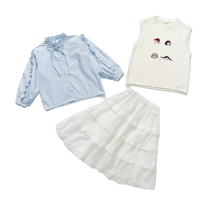 女童春装针织马甲套装2024新款女宝宝韩版时髦春款甜美衬衫两件套 - 图3