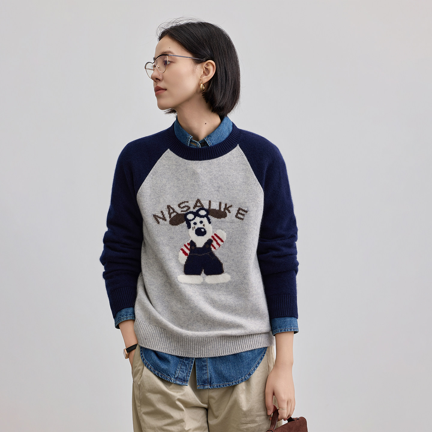 秋冬新款100%山羊绒衫圆领加厚插肩卡通减龄慵懒风百搭针织打底衫,淘宝优惠券,粉丝福利购,淘宝优惠卷